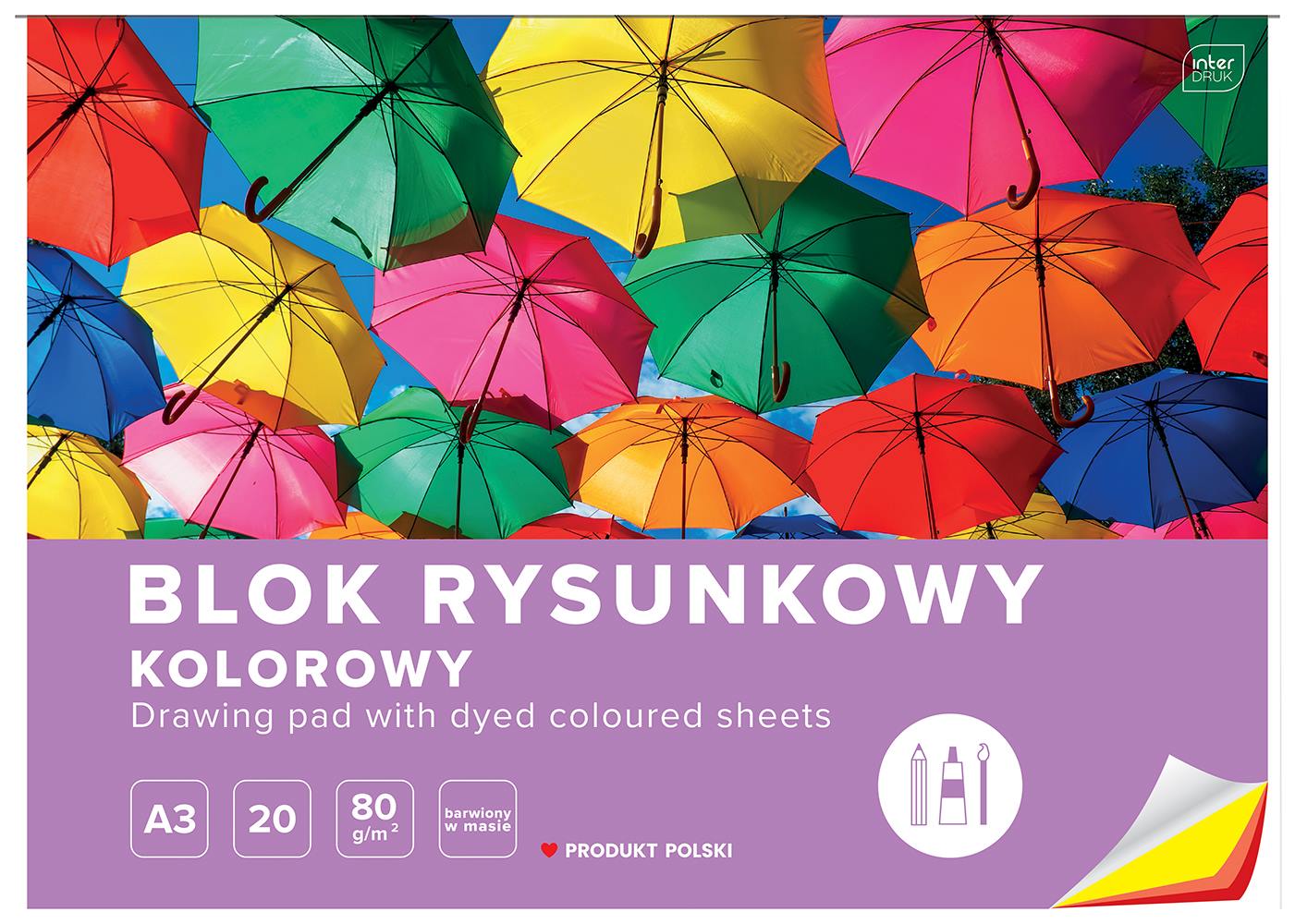 Blok rysunkowy A3, kolorowy, 80g, 20 kartek, Interdruk